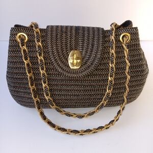 Eric Javits New York Black and Gold Woven Handbag with Gold Chain Straps